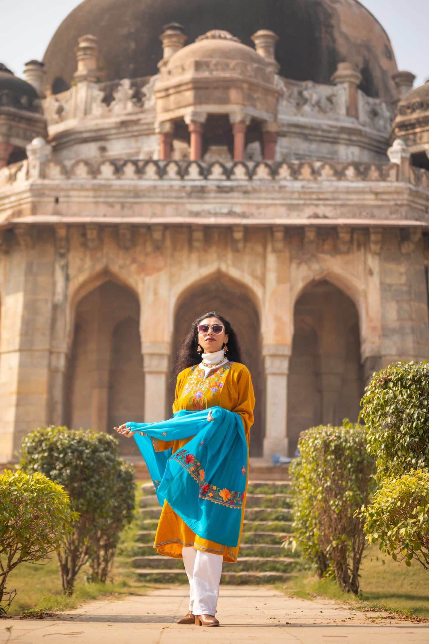 Aqua-blue coloured Stole with Kashmiri embroidery