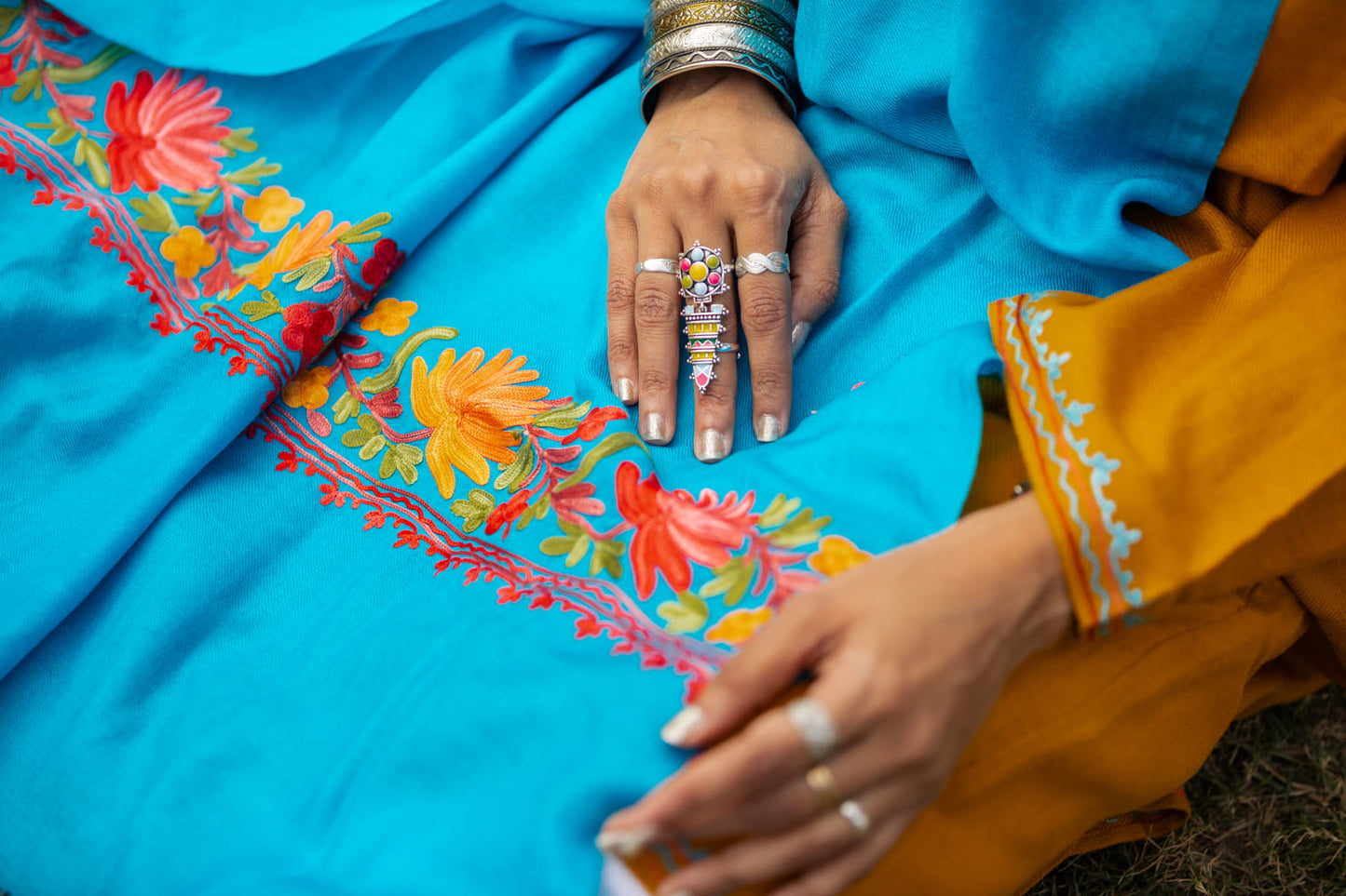 Aqua-blue coloured Stole with Kashmiri embroidery