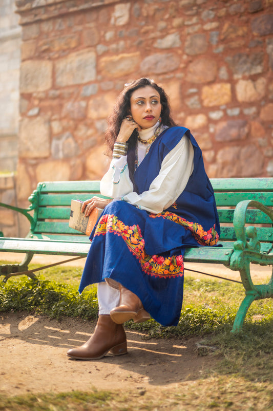Royal-blue coloured Stole with Kashmiri embroidery