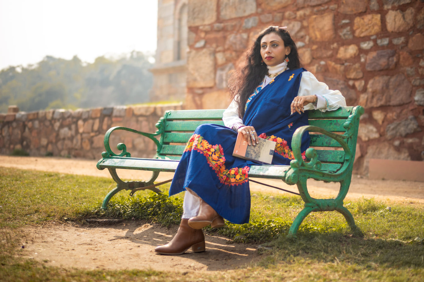 Royal-blue coloured Stole with Kashmiri embroidery
