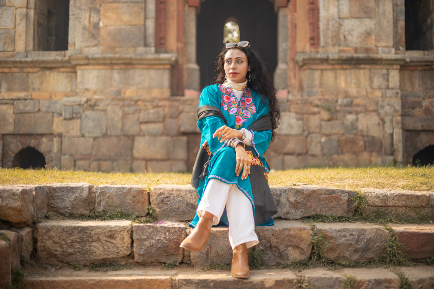 Embroided Teal blue Kashmiri Pheran