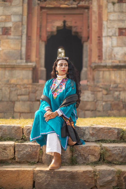 Embroided Teal blue Kashmiri Pheran