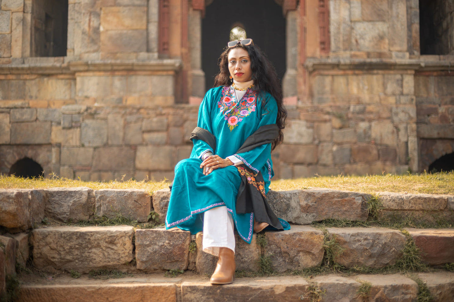 Embroided Teal blue Kashmiri Pheran