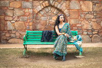 Modal silk saree with heavy Zari Pallu (Dusty Black saree with Blue & mustard colour patterns)