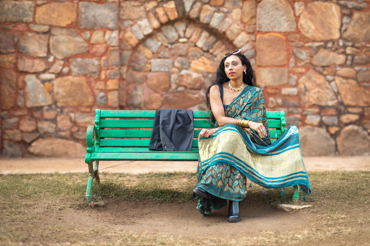 Modal silk saree with heavy Zari Pallu (Dusty Black saree with Blue & mustard colour patterns)
