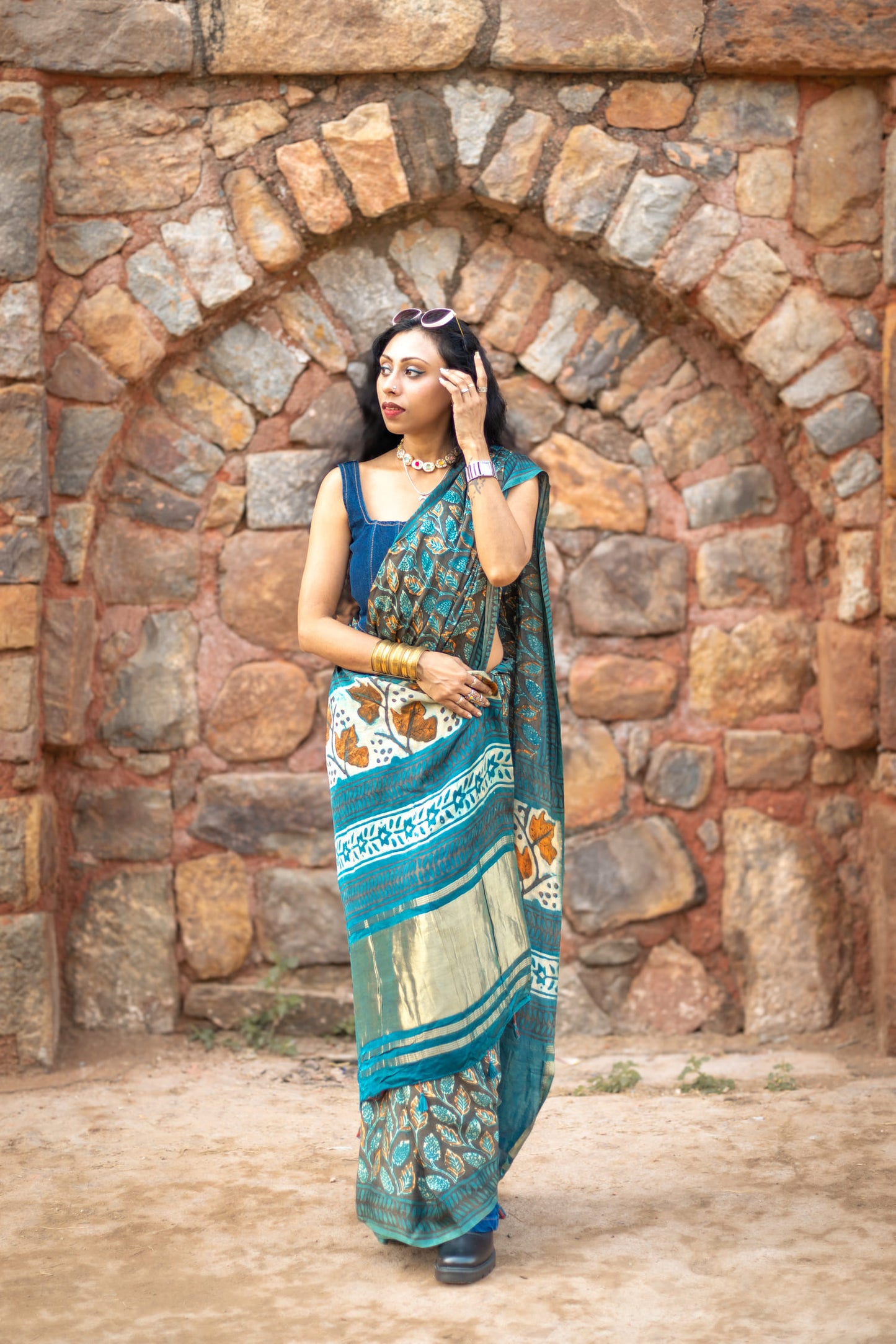 Modal silk saree with heavy Zari Pallu (Dusty Black saree with Blue & mustard colour patterns)