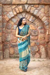 Modal silk saree with heavy Zari Pallu (Dusty Black saree with Blue & mustard colour patterns)