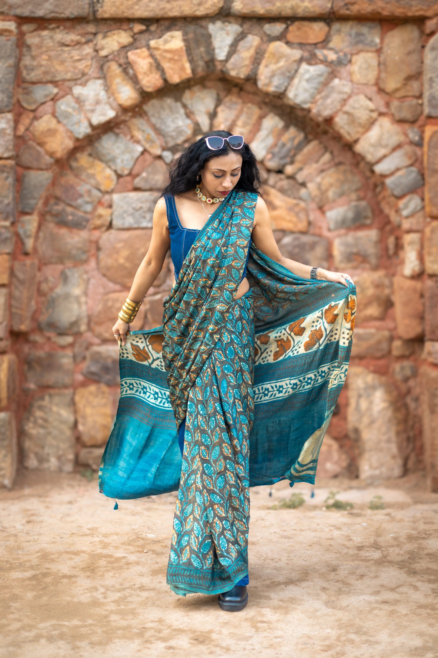 Modal silk saree with heavy Zari Pallu (Dusty Black saree with Blue & mustard colour patterns)