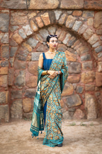Modal silk saree with heavy Zari Pallu (Dull black saree with Blue & orange colour patterns)