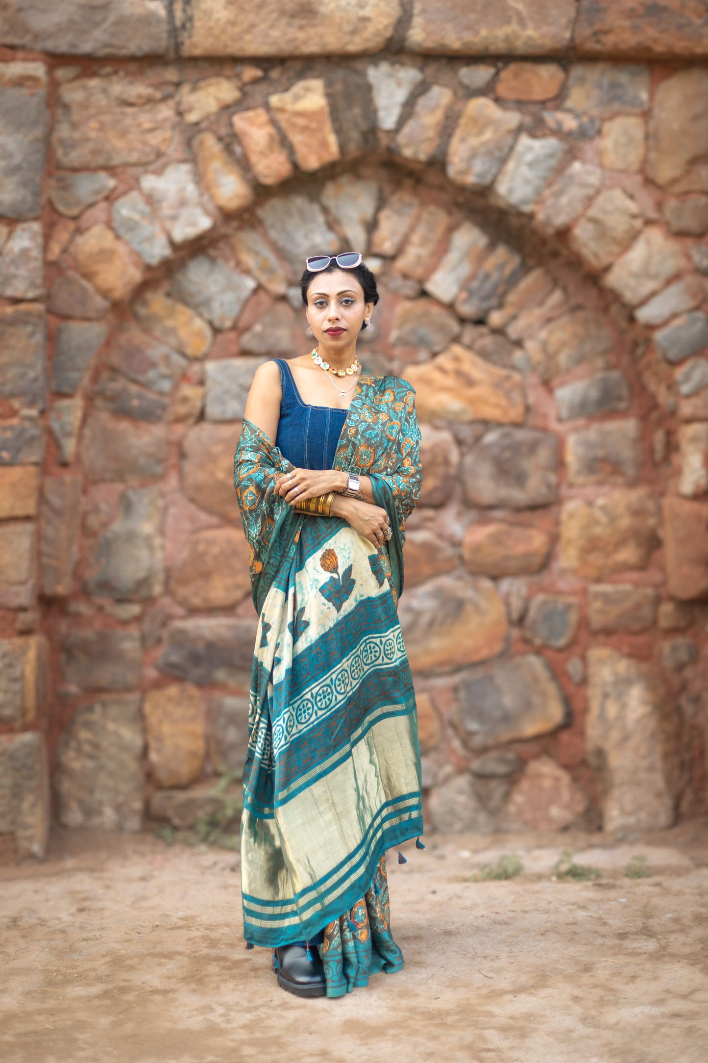 Modal silk saree with heavy Zari Pallu (Dull black saree with Blue & orange colour patterns)