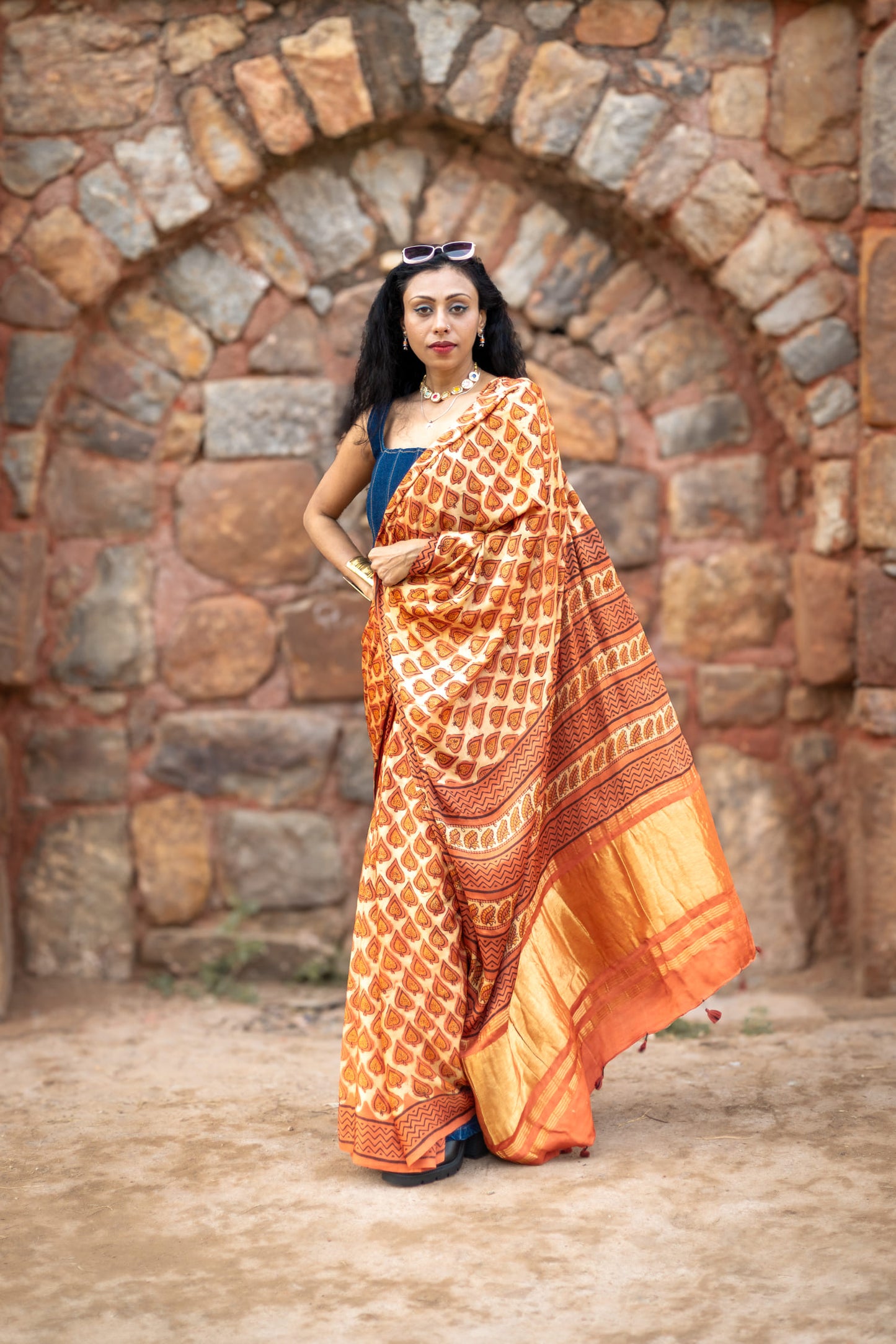 Modal silk saree with heavy Zari Pallu (Dusty Orange)