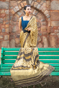 Modal silk saree with heavy Zari Pallu (Earthy yellow saree with Brown & yellow colour patterns)