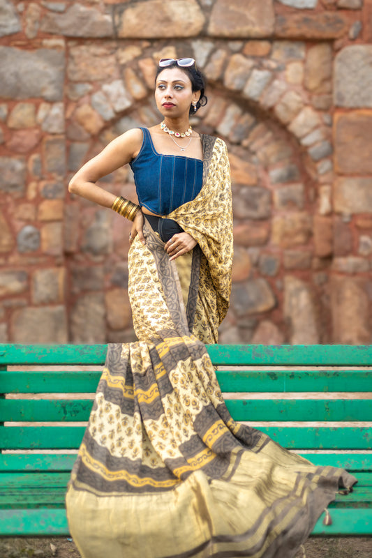 Modal silk saree with heavy Zari Pallu (Earthy yellow saree with Brown & yellow colour patterns)