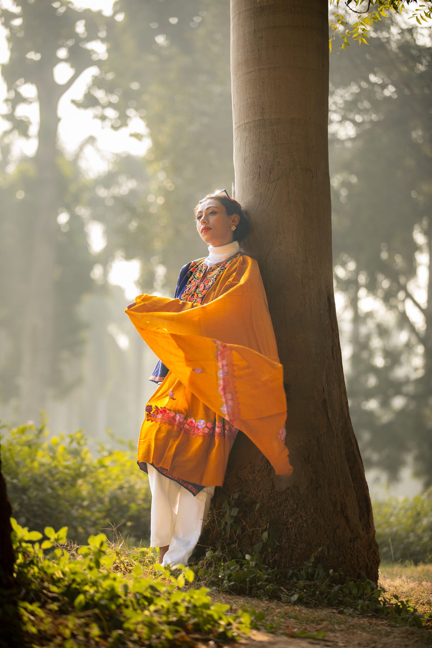 Mustard coloured Stole with Kashmiri embroidery