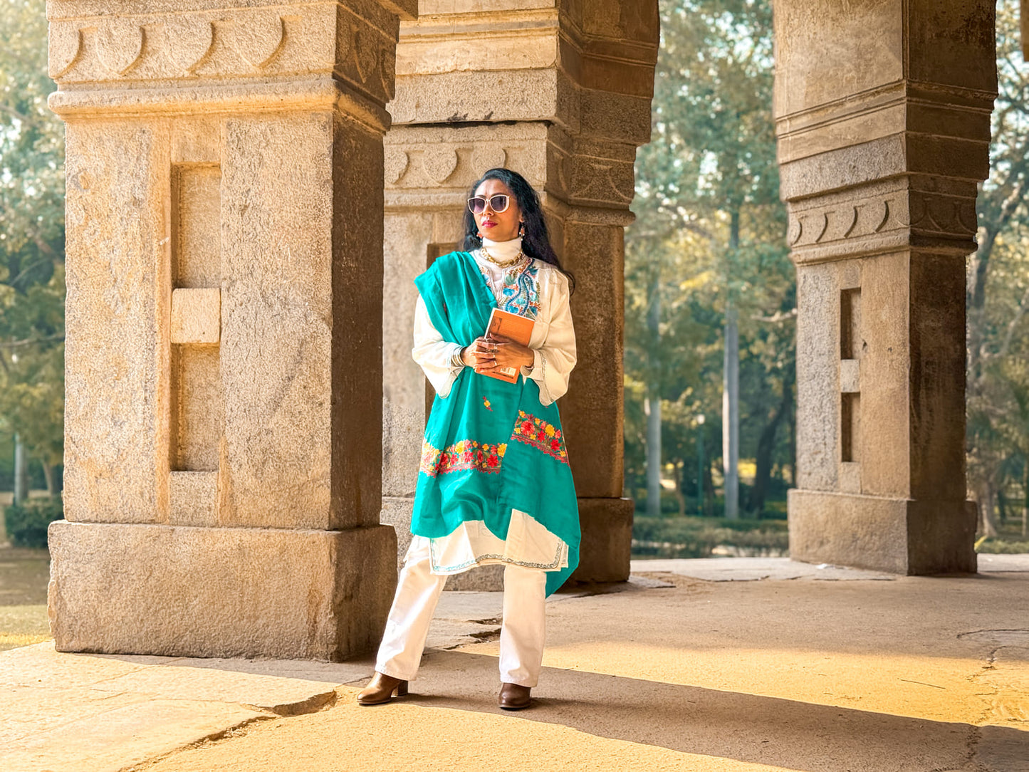 Sea-green coloured stole with Kashmiri embroidery