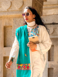 Sea-green coloured stole with Kashmiri embroidery