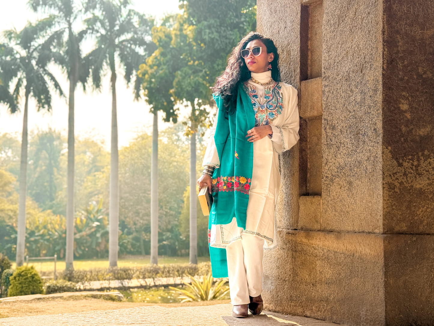 Sea-green coloured stole with Kashmiri embroidery