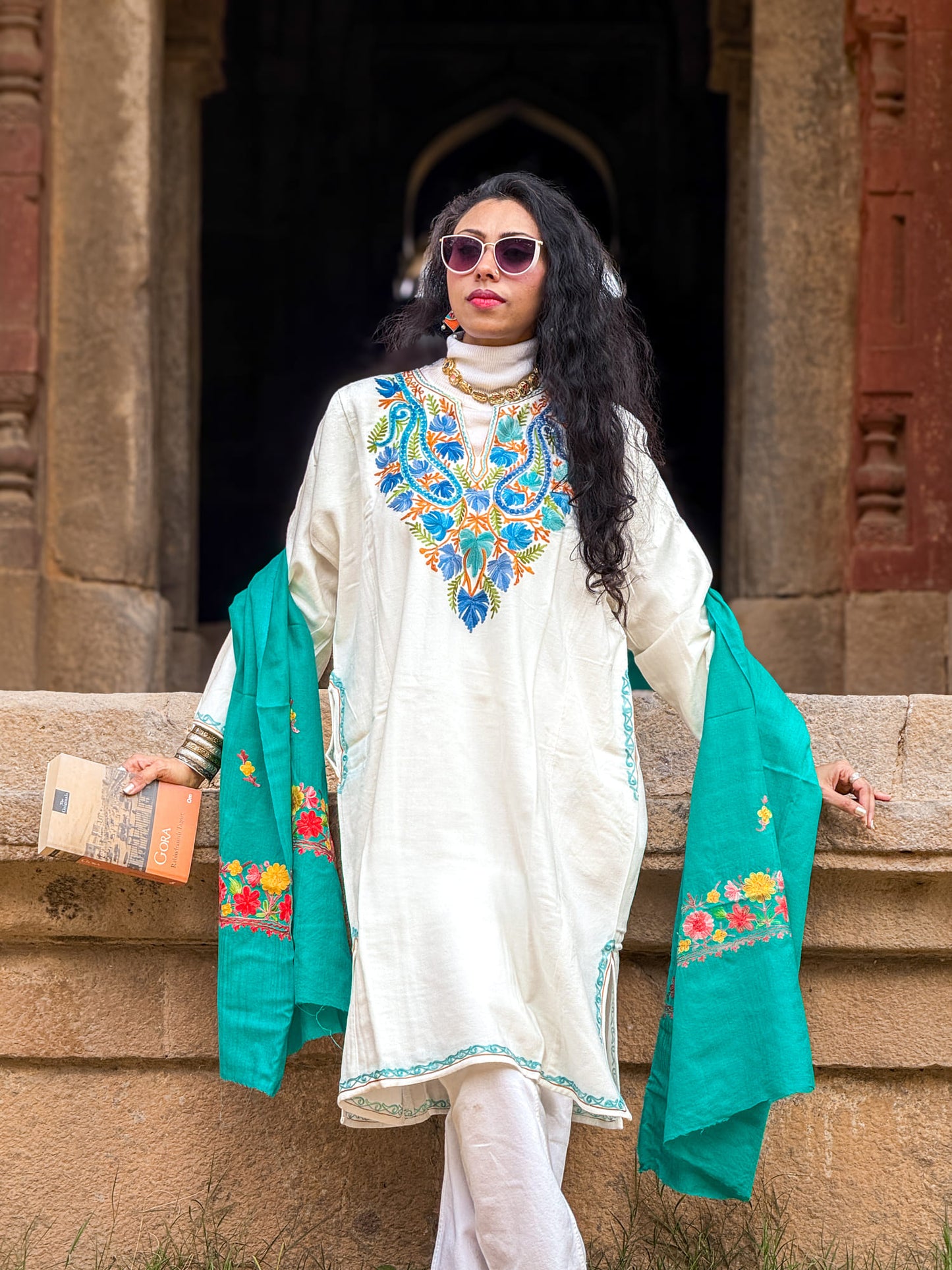 Sea-green coloured stole with Kashmiri embroidery