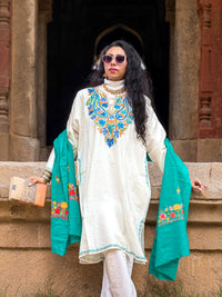 Sea-green coloured stole with Kashmiri embroidery